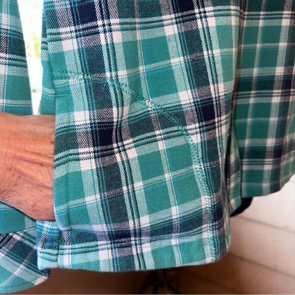 Orvis Fleece Lined Plaid Flannel Shirt Jacket Sea Glass Snaps Pockets sz S - Picture 4 of 8